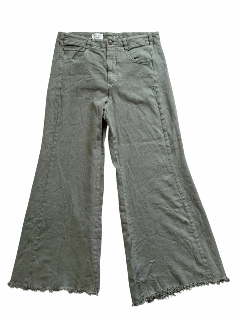 Pilcro Adi Linen Blend Flare Pants 30P Olive Green High Rise Raw Hem Wide Leg